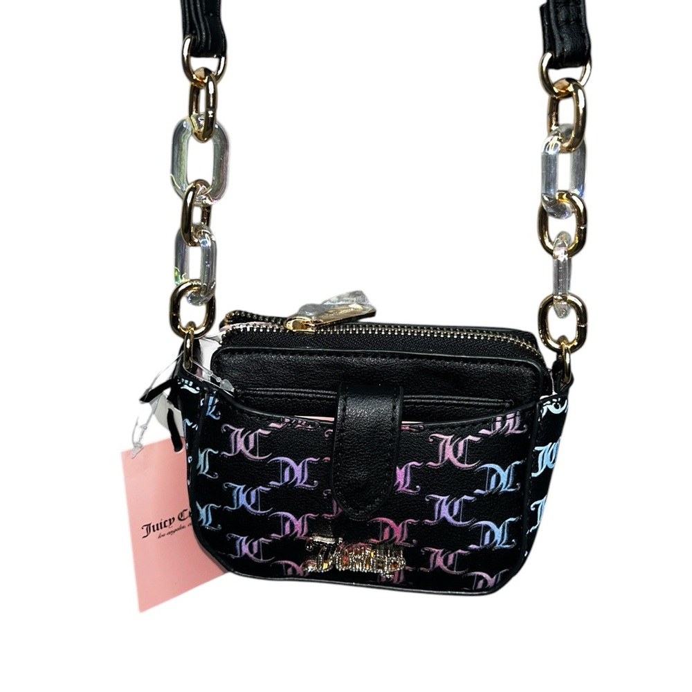 Juicy Couture Black and Pink Mini Crossbody Bag, Beautiful Chain and Card Holder